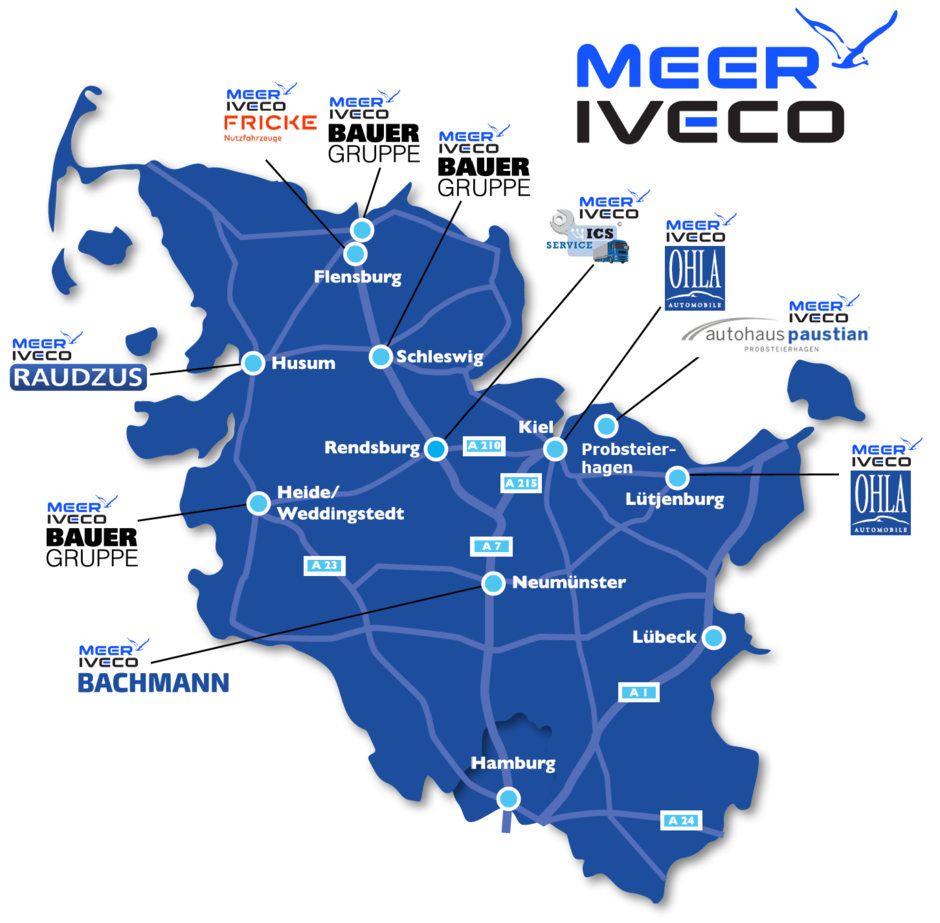 Karte Händlergebiet MEER-IVECO Vertragswerkstätten | © 2021 OHLA-AUTOMOBILE GmbH